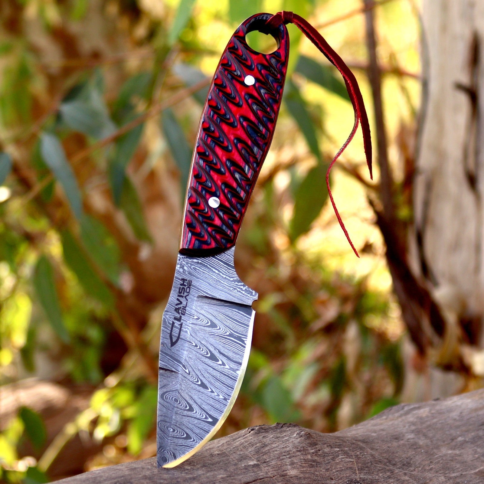 Handmade Damascus Bushcraft Knife 8 Inch Red Wood Handle with Leather Sheath - Lavish Blade