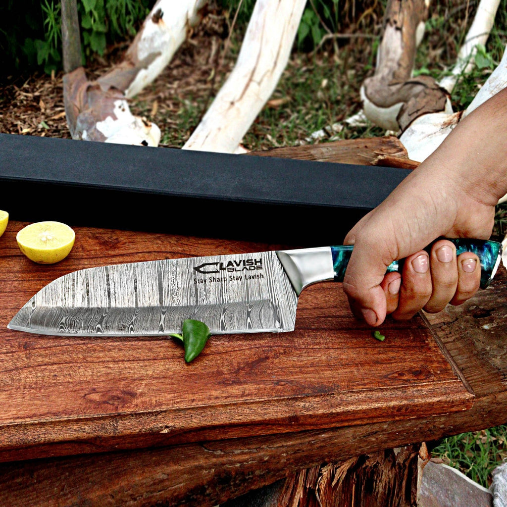 Handmade Damascus Chef Knife 12 Inch Ladder Pattern Sea Green Resin Handle - Lavish Blade