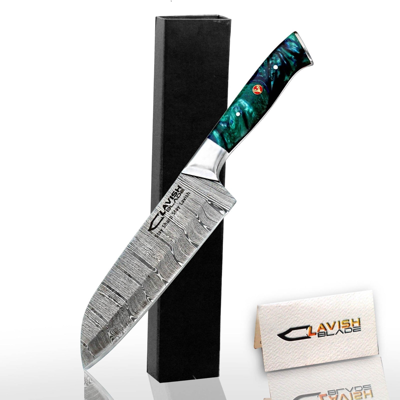 Handmade Damascus Chef Knife 12 Inch Ladder Pattern Sea Green Resin Handle - Lavish Blade