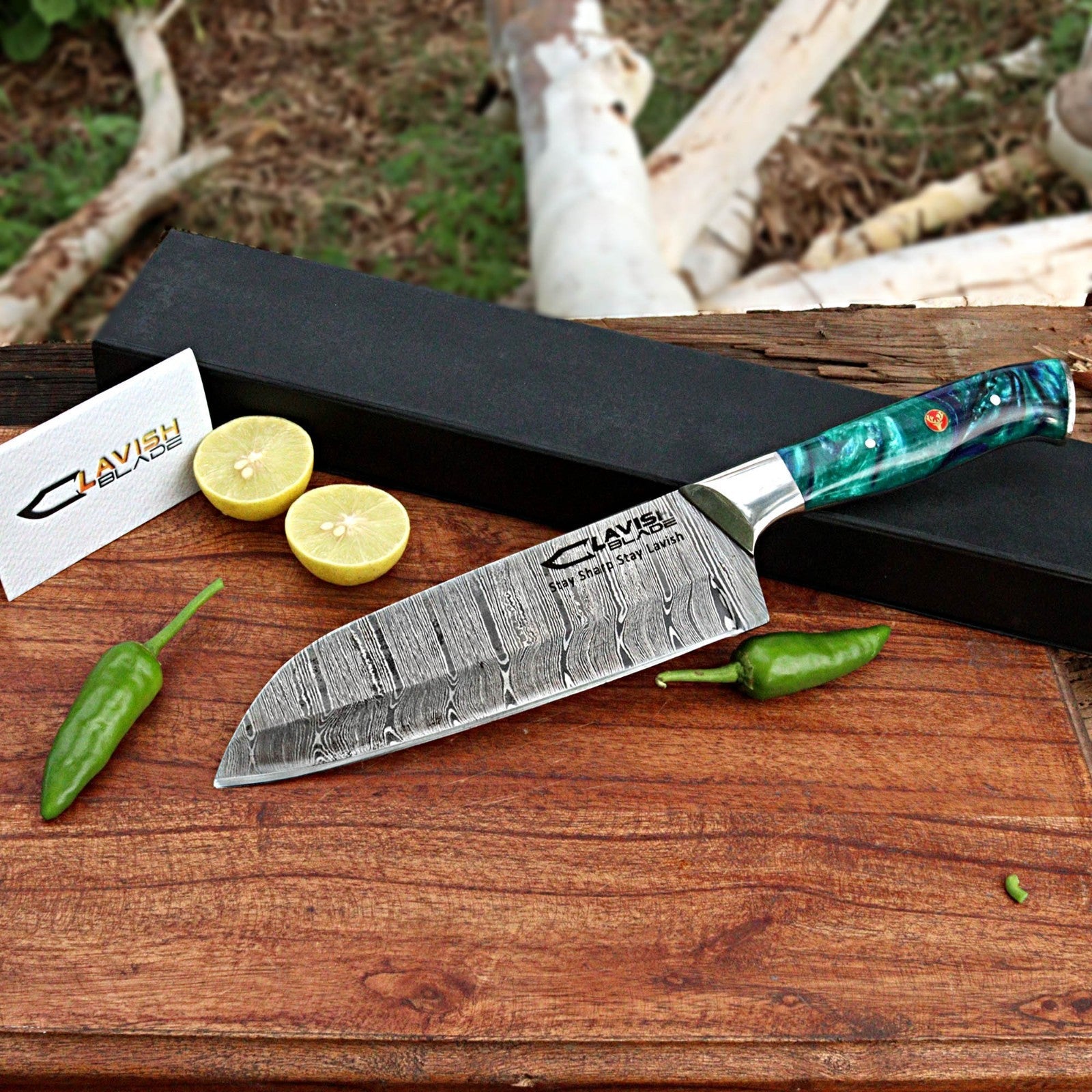 Handmade Damascus Chef Knife 12 Inch Ladder Pattern Sea Green Resin Handle - Lavish Blade