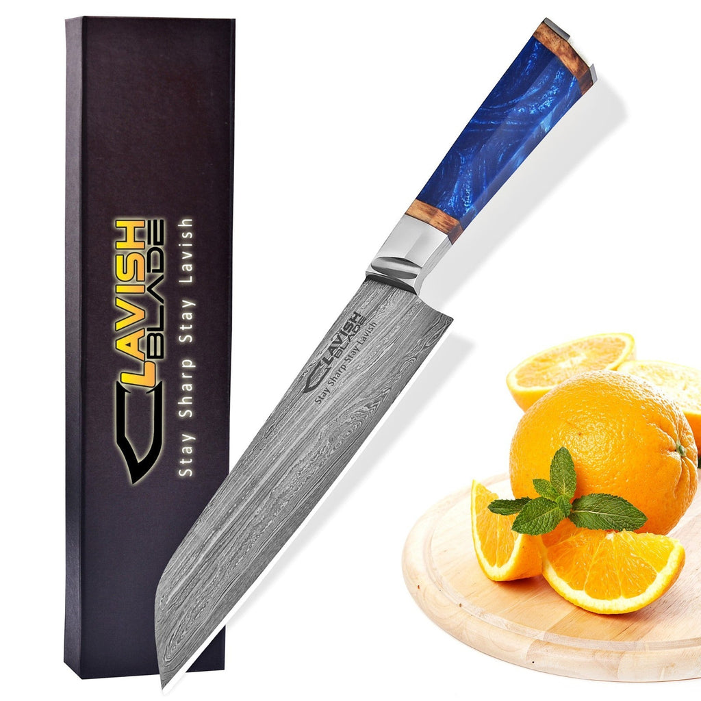 Handmade Damascus Chef Knife 12.5 Inch Blue Resin and Wood Handle with Gift Box - Lavish Blade