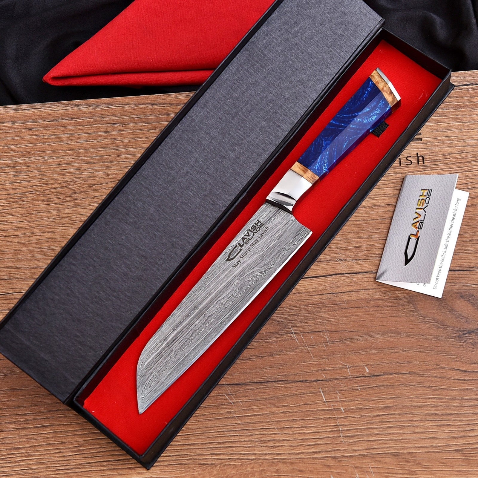Handmade Damascus Chef Knife 12.5 Inch Blue Resin and Wood Handle with Gift Box - Lavish Blade