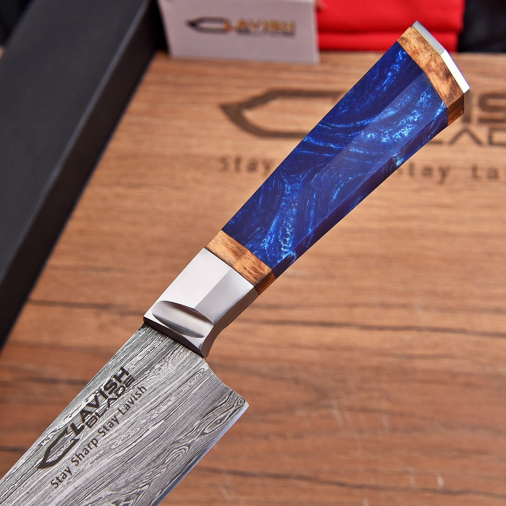 Handmade Damascus Chef Knife 12.5 Inch Blue Resin and Wood Handle with Gift Box - Lavish Blade