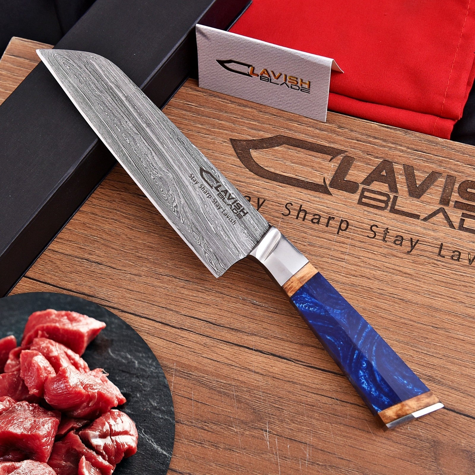 Handmade Damascus Chef Knife 12.5 Inch Blue Resin and Wood Handle with Gift Box - Lavish Blade