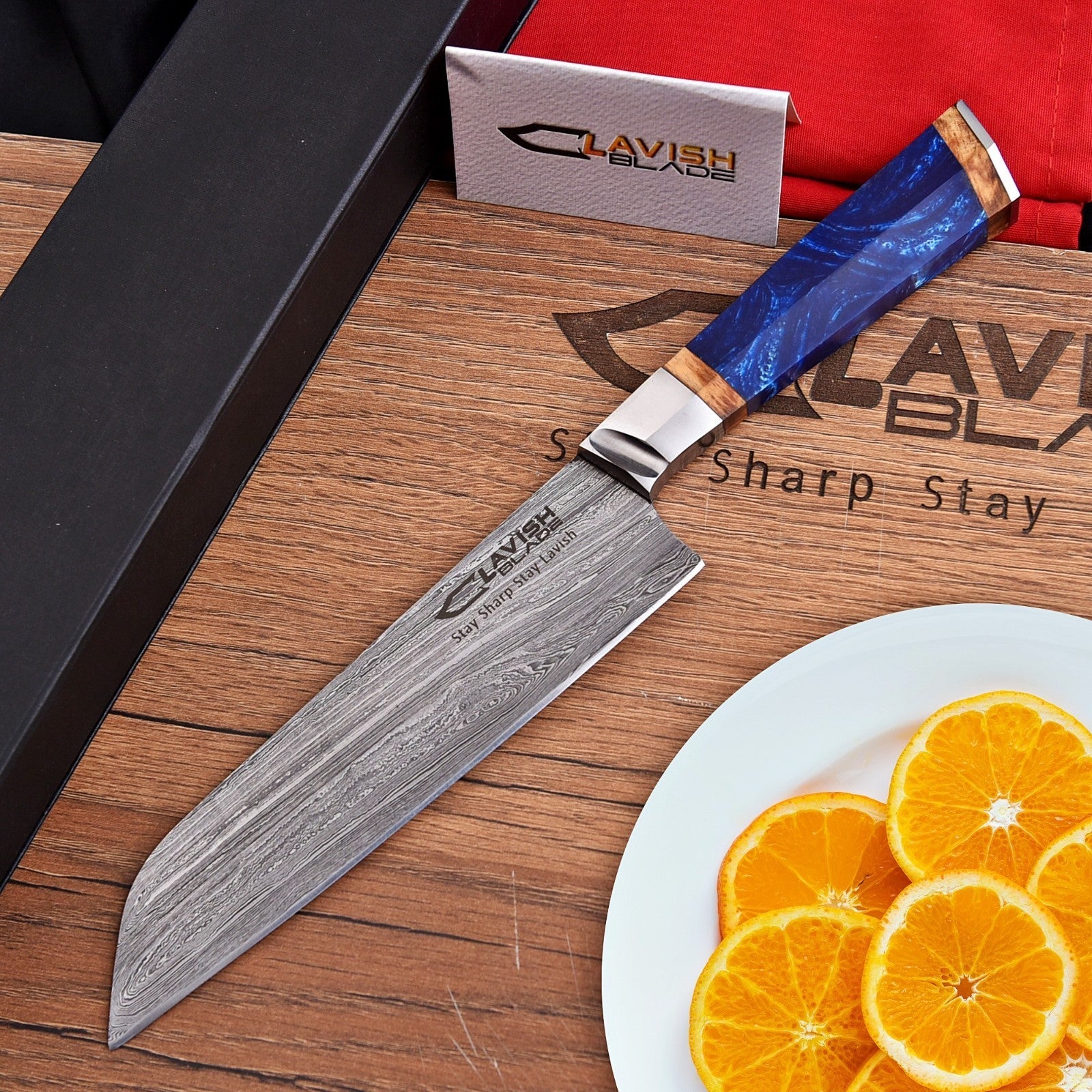 Handmade Damascus Chef Knife 12.5 Inch Blue Resin and Wood Handle with Gift Box - Lavish Blade