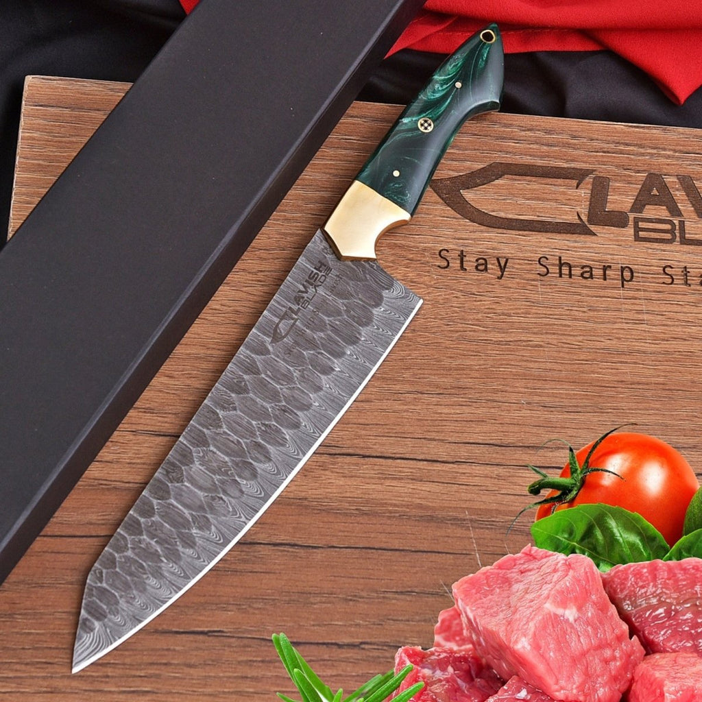 Handmade Damascus Chef Knife 13 Inch Marbled Green Resin Handle with Gift Box