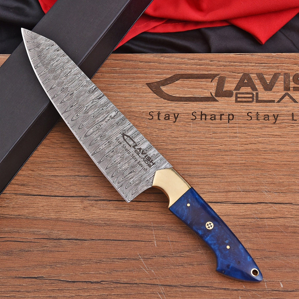 Handmade Damascus Chef Knife 13 Inch Pearl Blue Resin Handle with Gift Box - Lavish Blade