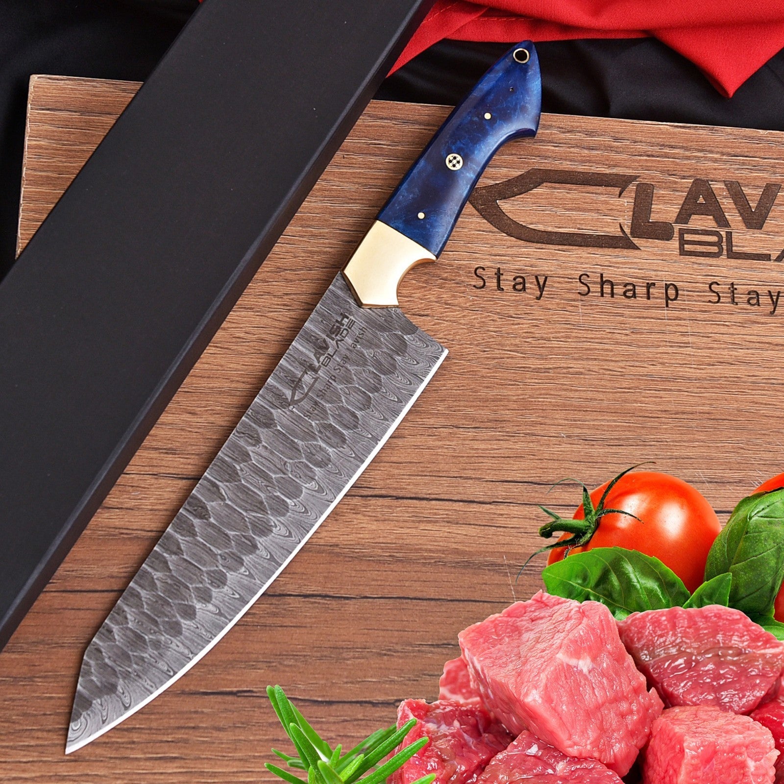 Handmade Damascus Chef Knife 13 Inch Pearl Blue Resin Handle with Gift Box - Lavish Blade