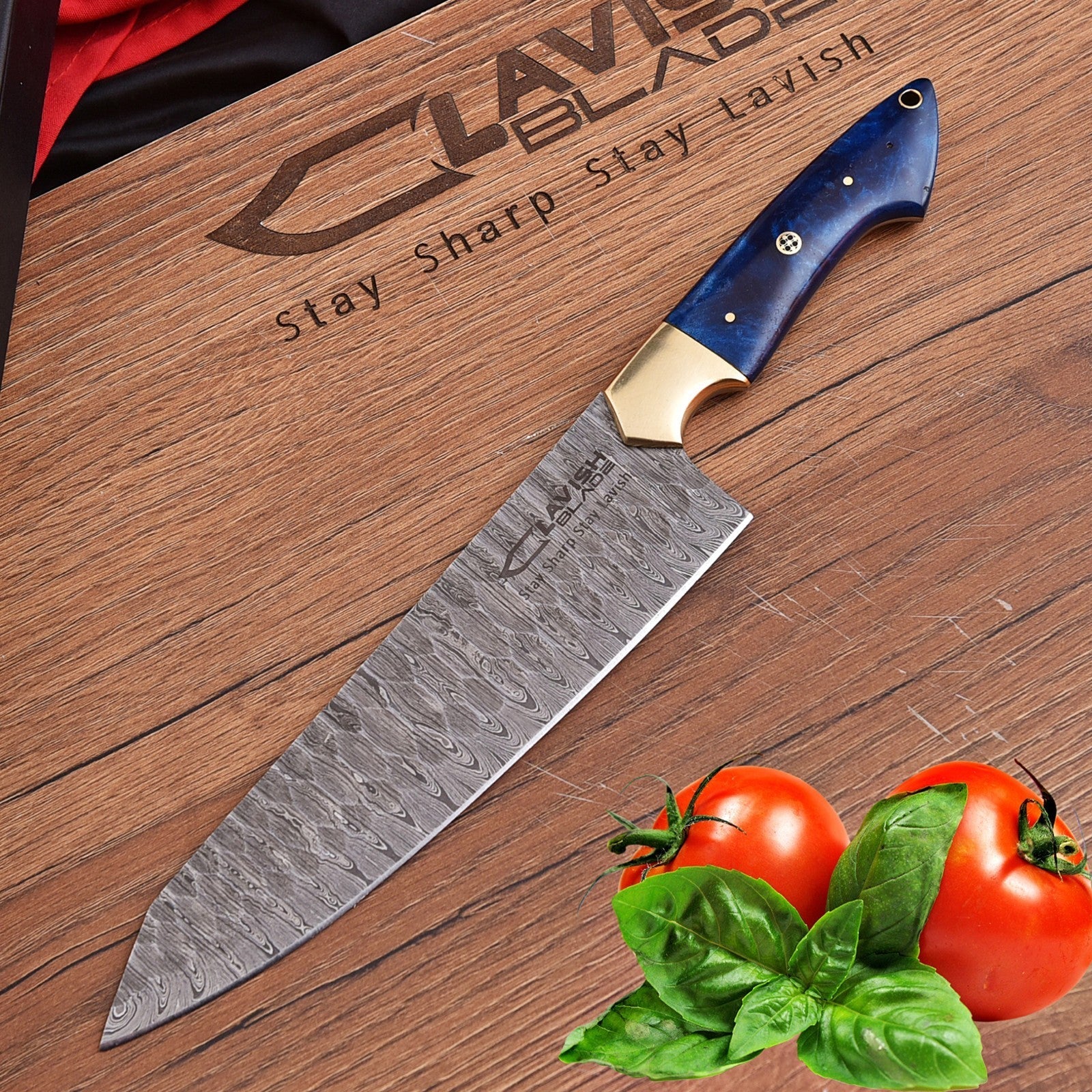 Handmade Damascus Chef Knife 13 Inch Pearl Blue Resin Handle with Gift Box - Lavish Blade