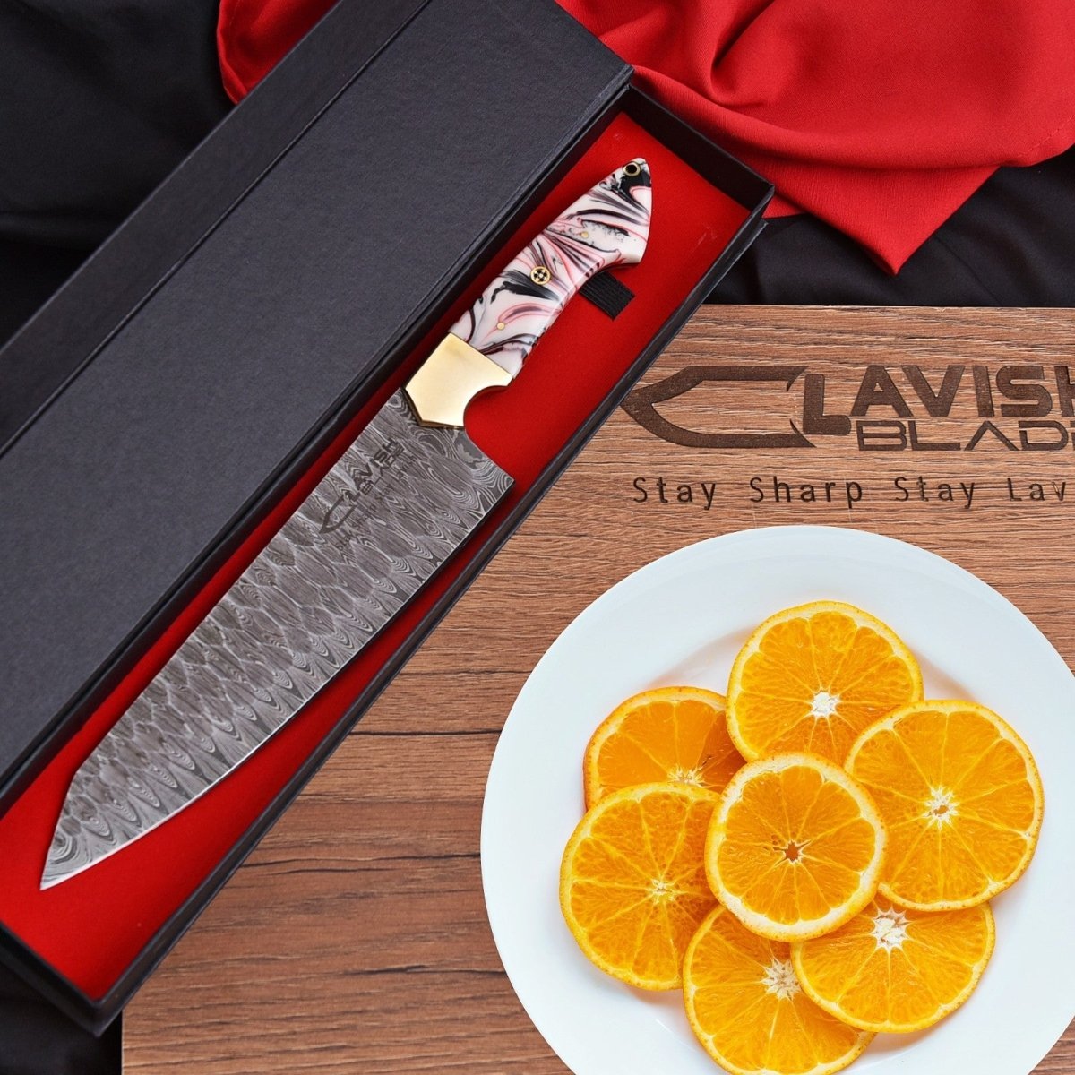 Handmade Damascus Chef Knife 13 Inch Pink Marbled Resin Handle with Gift Box - Lavish Blade