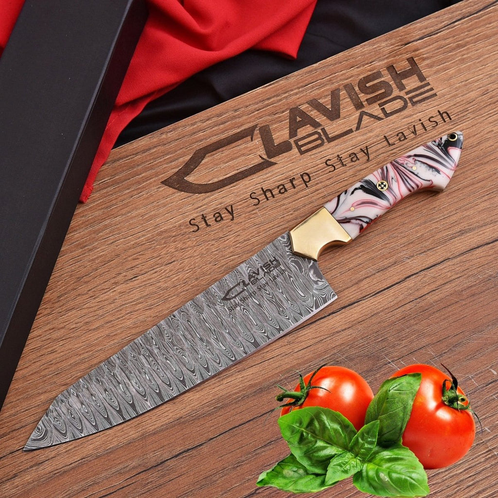 Handmade Damascus Chef Knife 13 Inch Pink Marbled Resin Handle with Gift Box - Lavish Blade