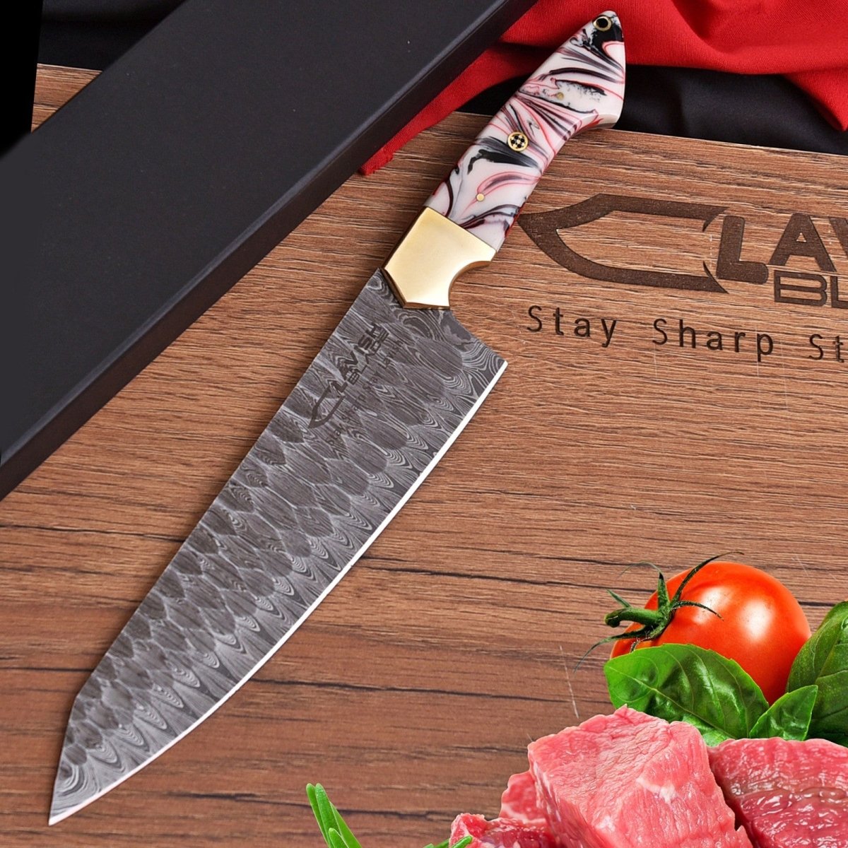 Handmade Damascus Chef Knife 13 Inch Pink Marbled Resin Handle with Gift Box - Lavish Blade