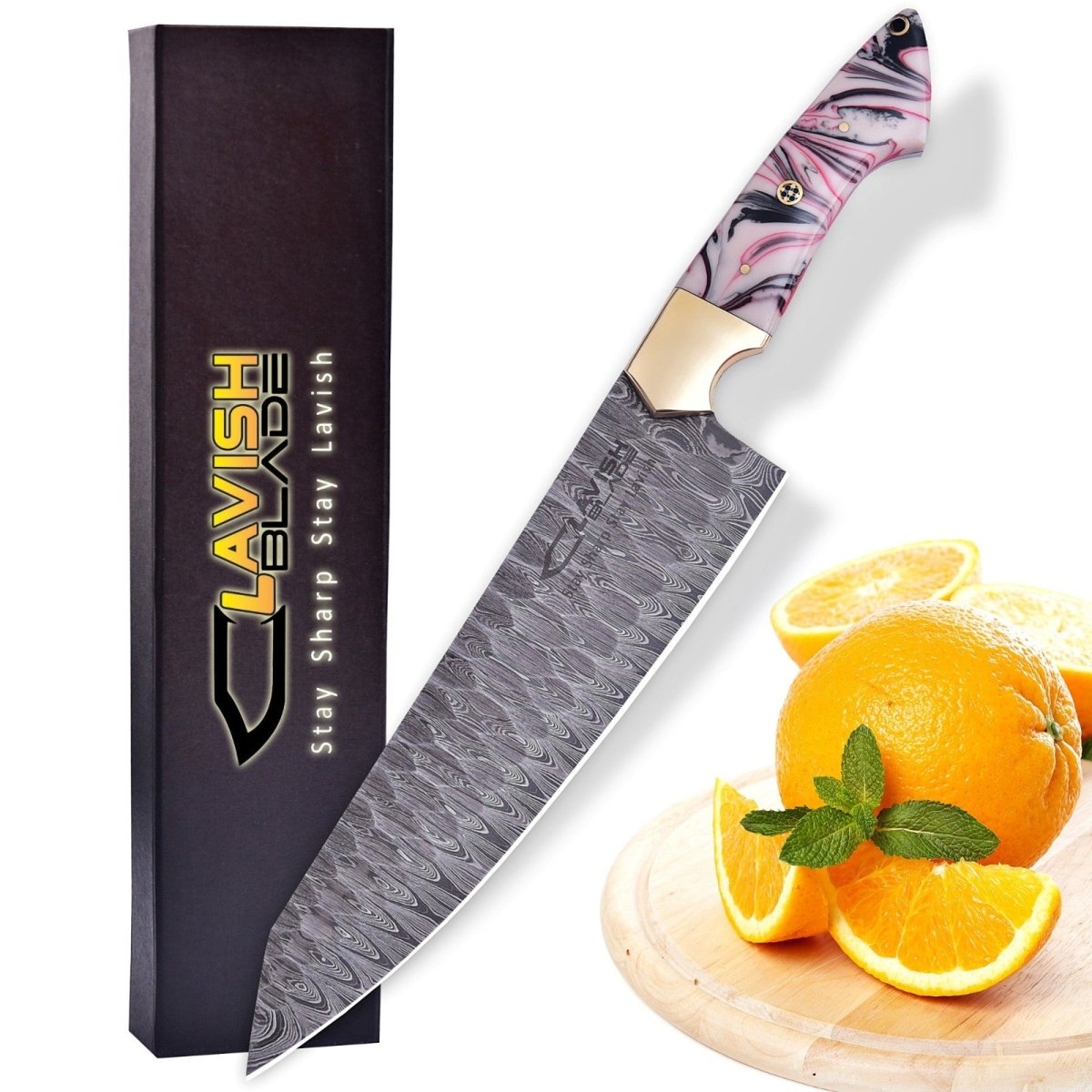 Handmade Damascus Chef Knife 13 Inch Pink Marbled Resin Handle with Gift Box - Lavish Blade