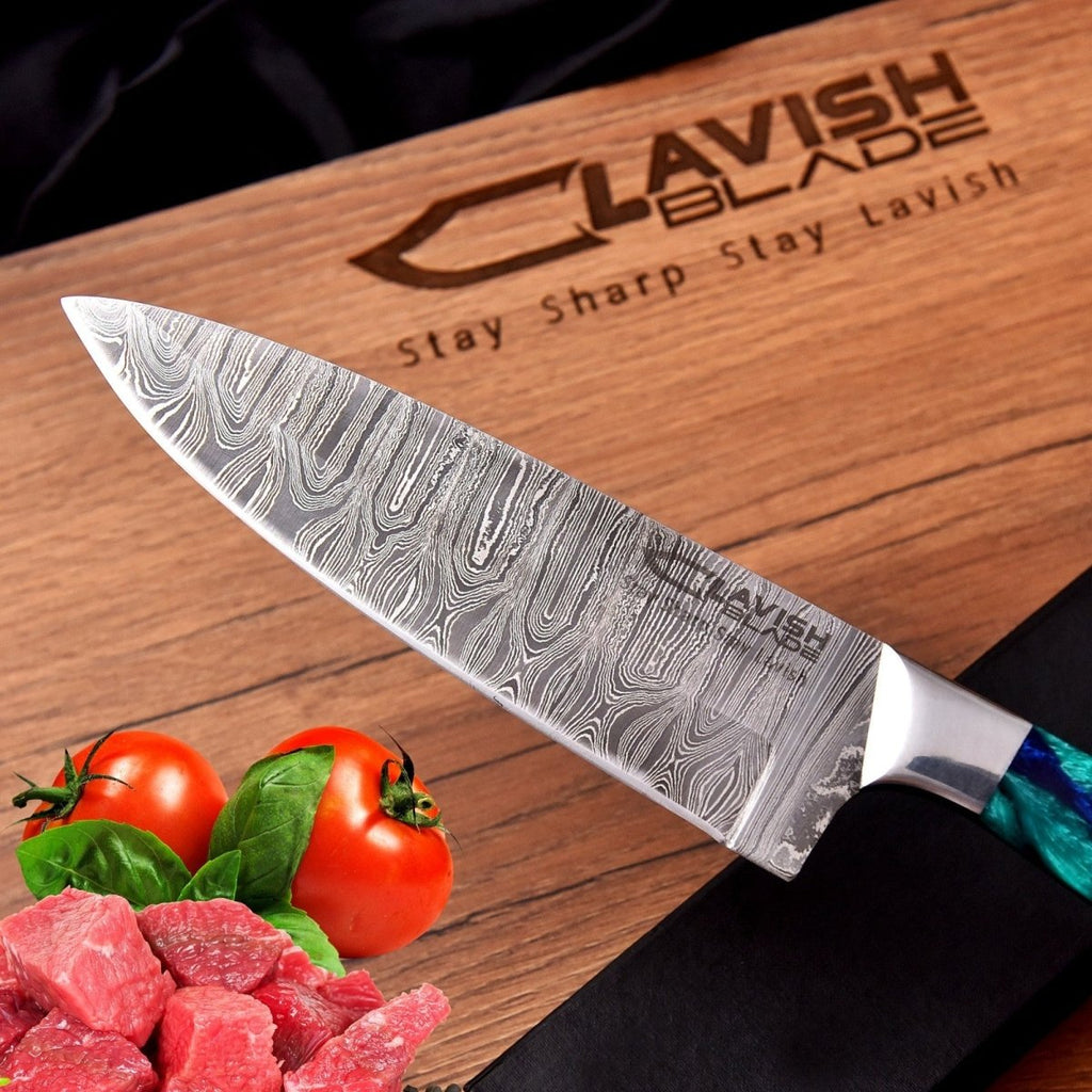 Handmade Damascus Chef Knife 13 Inch Raindrop Pattern Sea Green Resin Handle - Lavish Blade