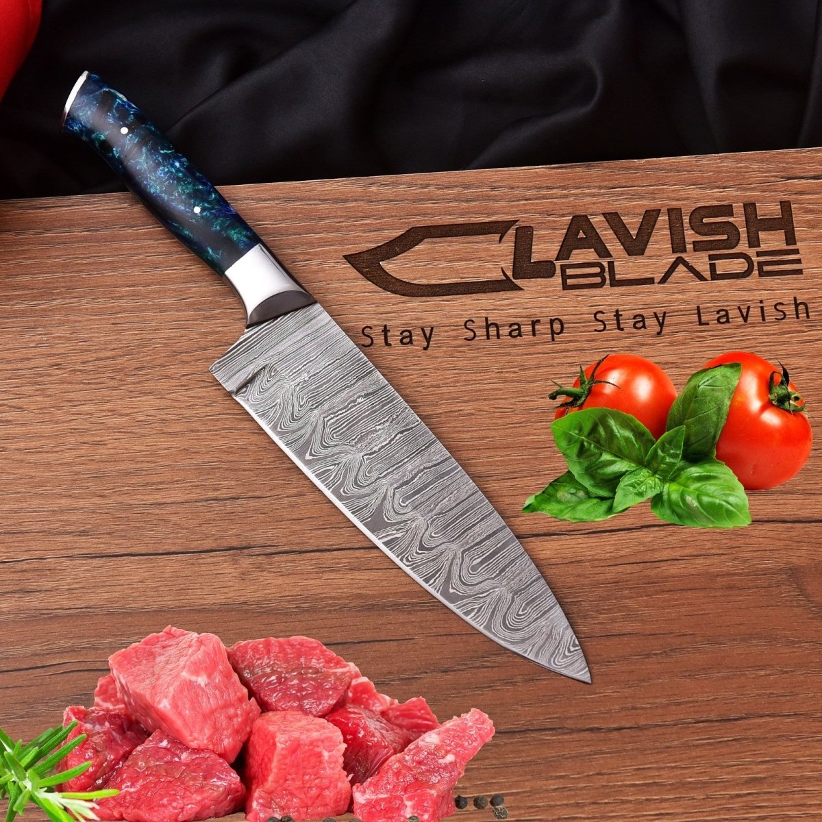 Handmade Damascus Chef Knife 13 Inch Raindrop Pattern Sea Green Resin Handle - Lavish Blade