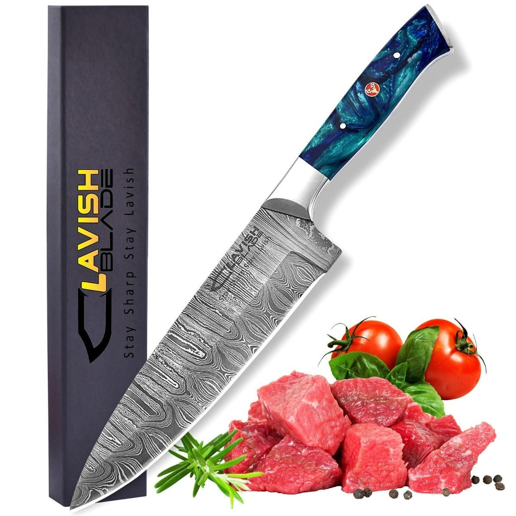 Handmade Damascus Chef Knife 13 Inch Raindrop Pattern Sea Green Resin Handle - Lavish Blade