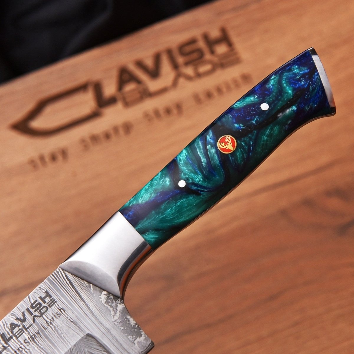 Handmade Damascus Chef Knife 13 Inch Raindrop Pattern Sea Green Resin Handle - Lavish Blade