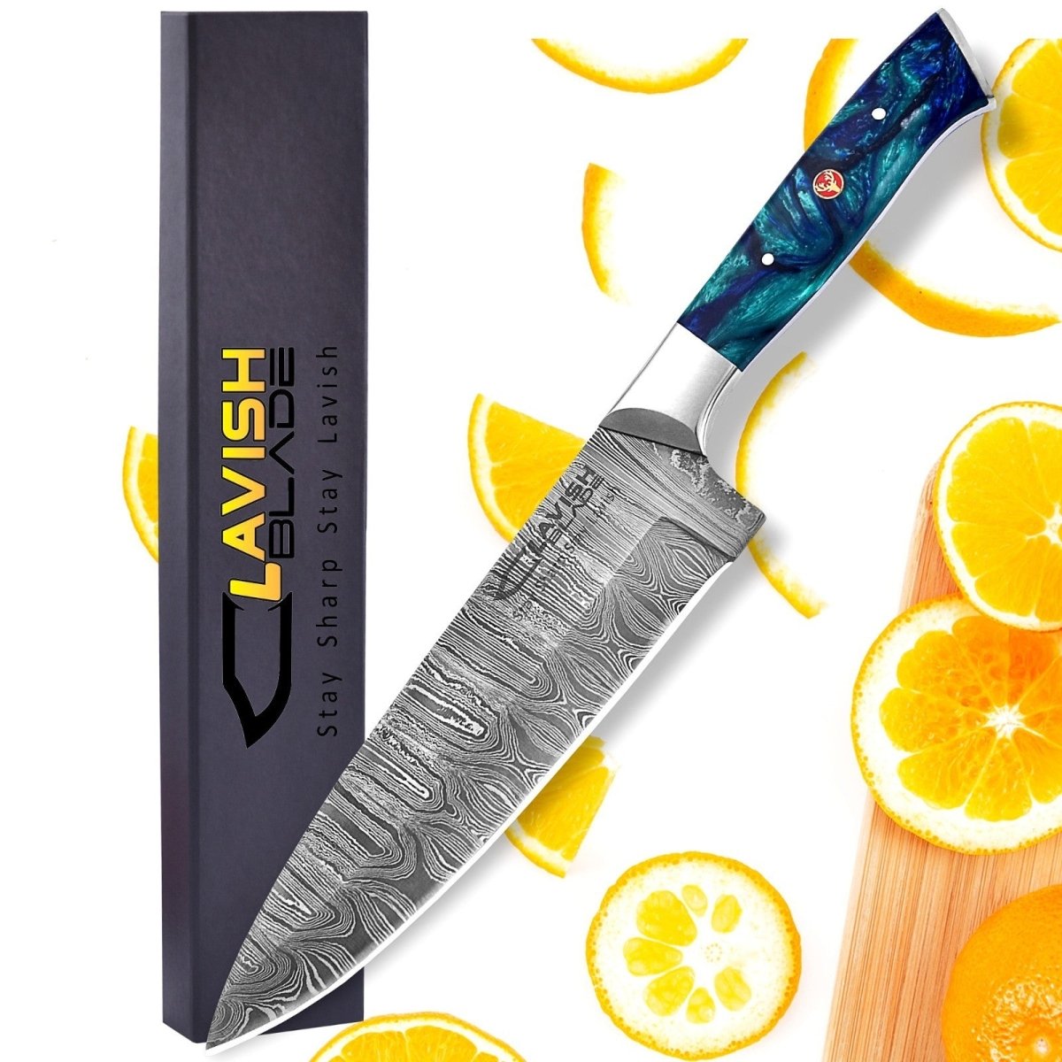 Handmade Damascus Chef Knife 13 Inch Raindrop Pattern Sea Green Resin Handle - Lavish Blade