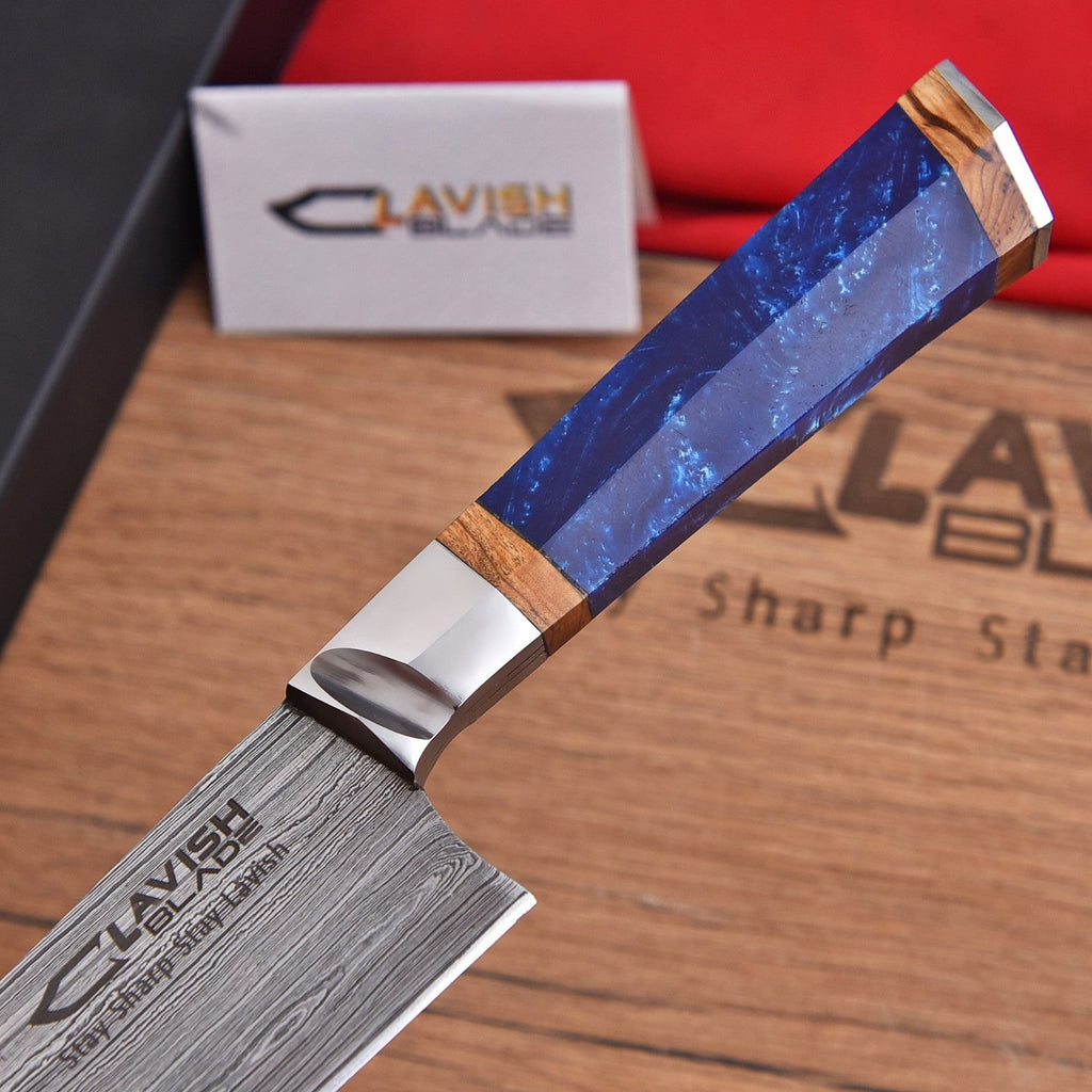 Handmade Damascus Chef Knife 13.5 Inch Blue Resin and Wood Handle with Gift Box - Lavish Blade