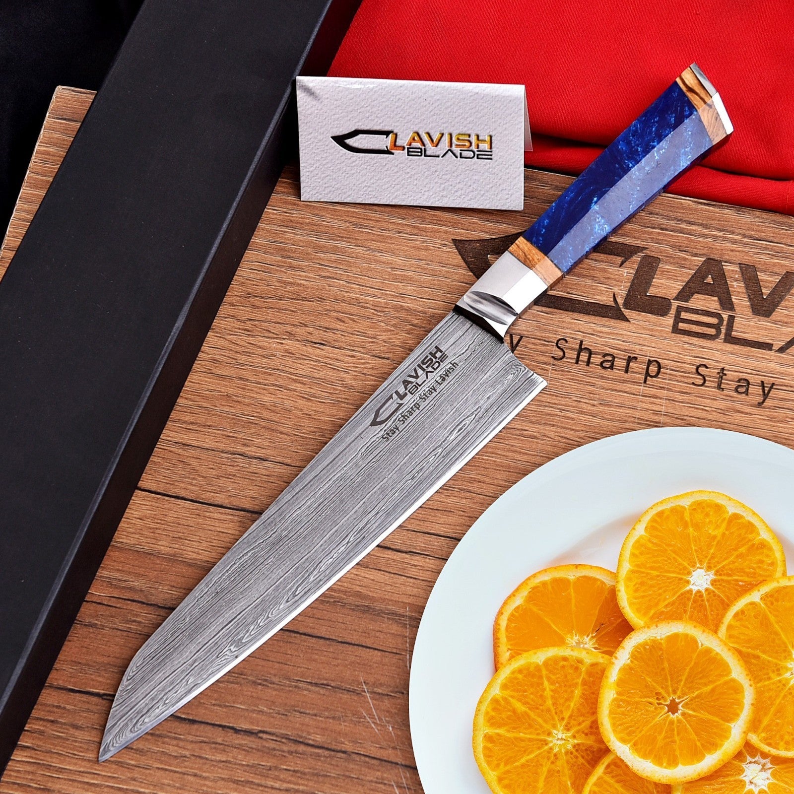 Handmade Damascus Chef Knife 13.5 Inch Blue Resin and Wood Handle with Gift Box - Lavish Blade