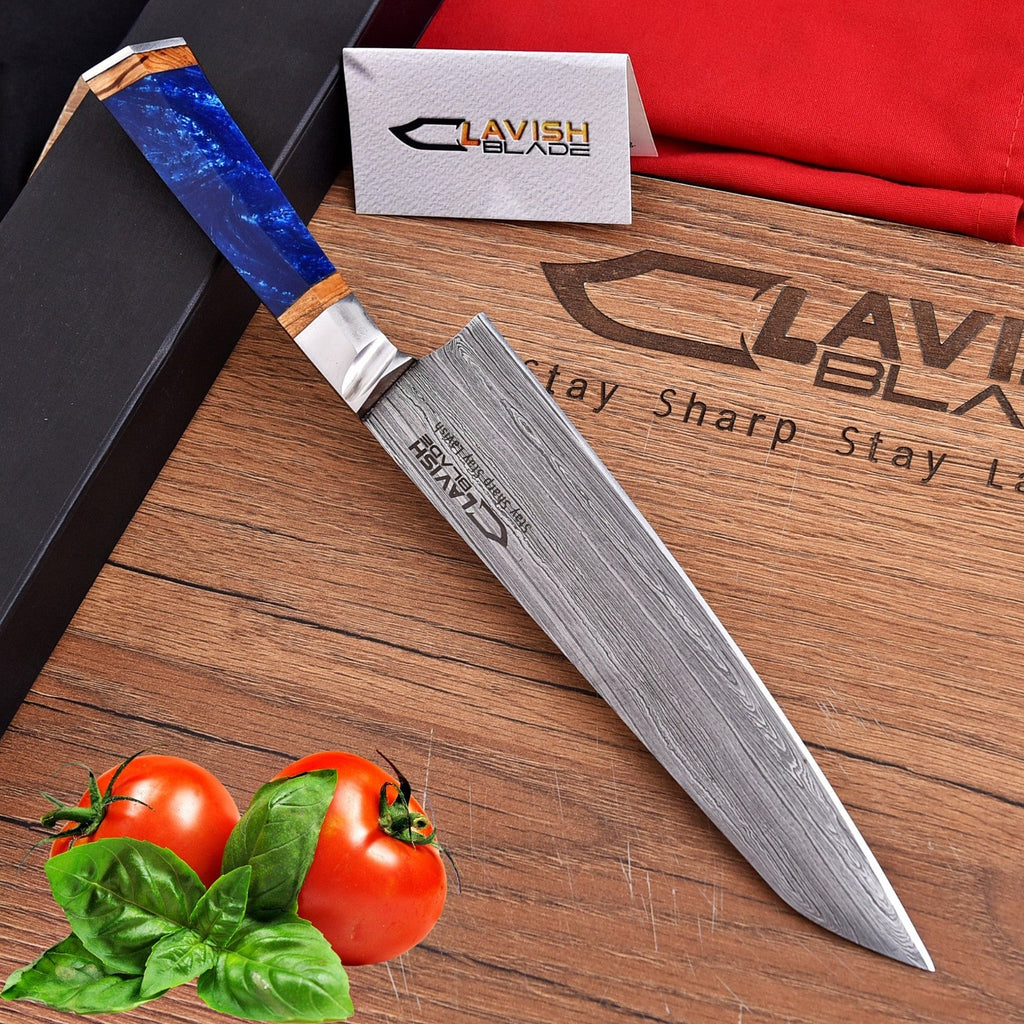 Handmade Damascus Chef Knife 13.5 Inch Blue Resin and Wood Handle with Gift Box - Lavish Blade