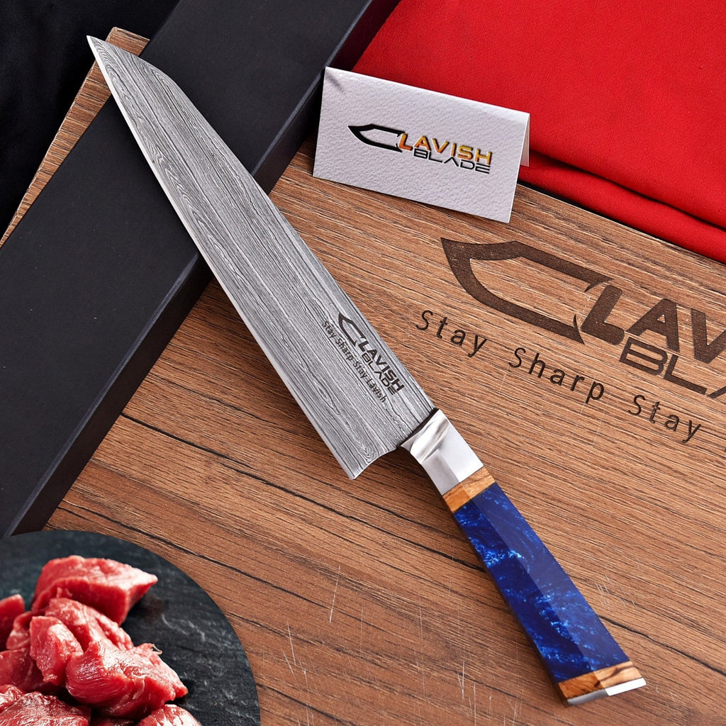 Handmade Damascus Chef Knife 13.5 Inch Blue Resin and Wood Handle with Gift Box - Lavish Blade