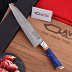 Handmade Damascus Chef Knife 13.5 Inch Blue Resin and Wood Handle with Gift Box - Lavish Blade