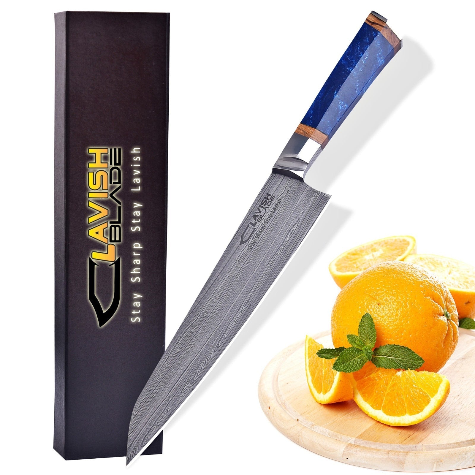 Handmade Damascus Chef Knife 13.5 Inch Blue Resin and Wood Handle with Gift Box - Lavish Blade