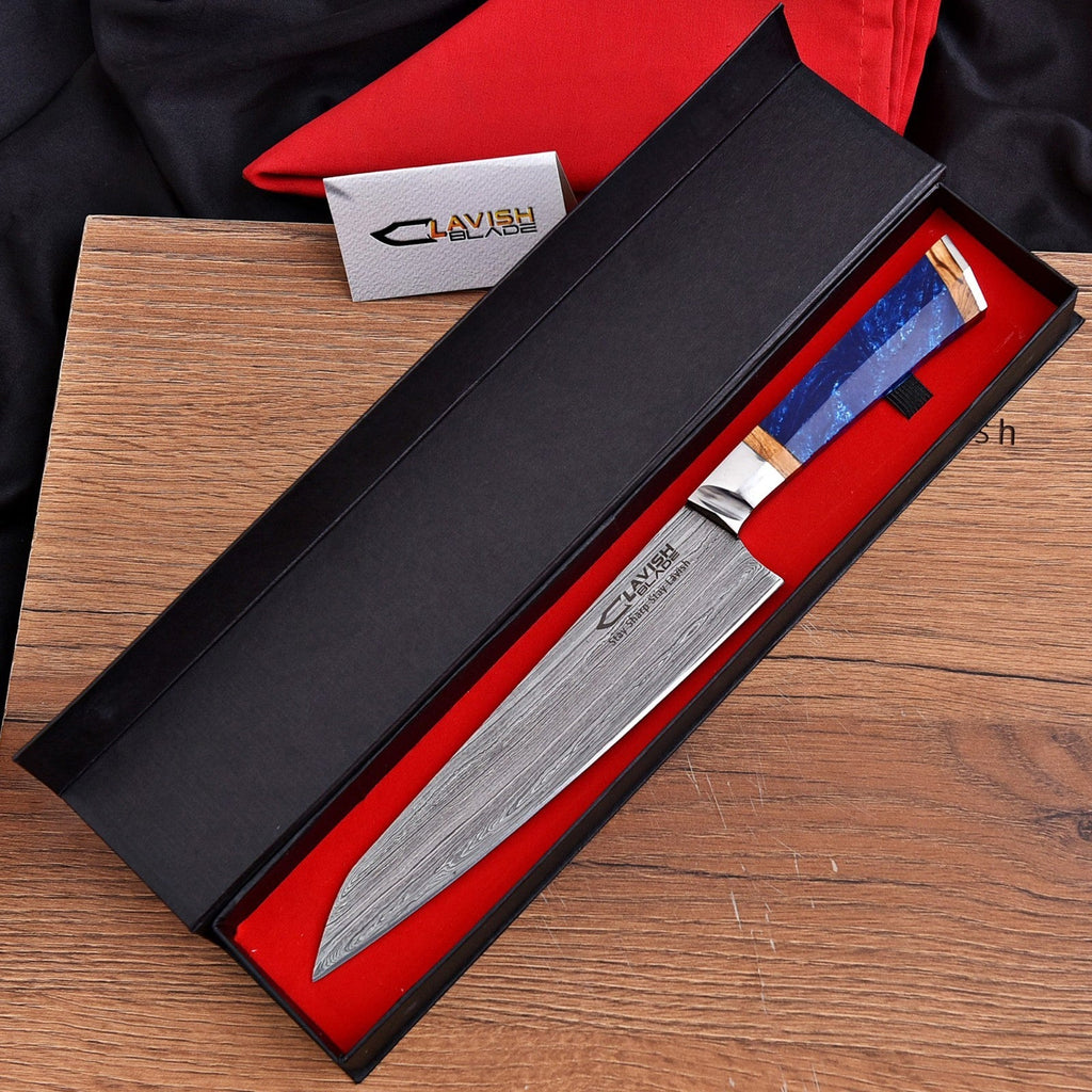 Handmade Damascus Chef Knife 13.5 Inch Blue Resin and Wood Handle with Gift Box - Lavish Blade