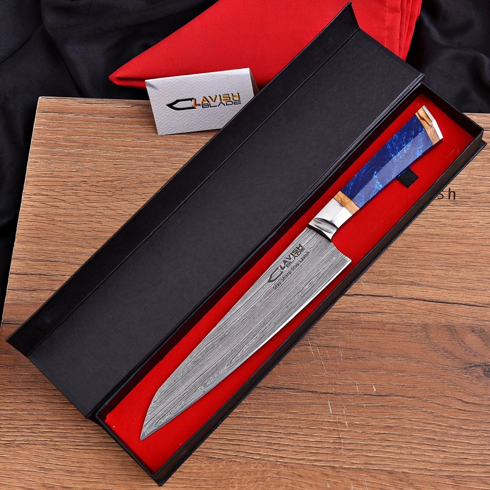 Handmade Damascus Chef Knife 13.5 Inch Blue Resin and Wood Handle with Gift Box - Lavish Blade