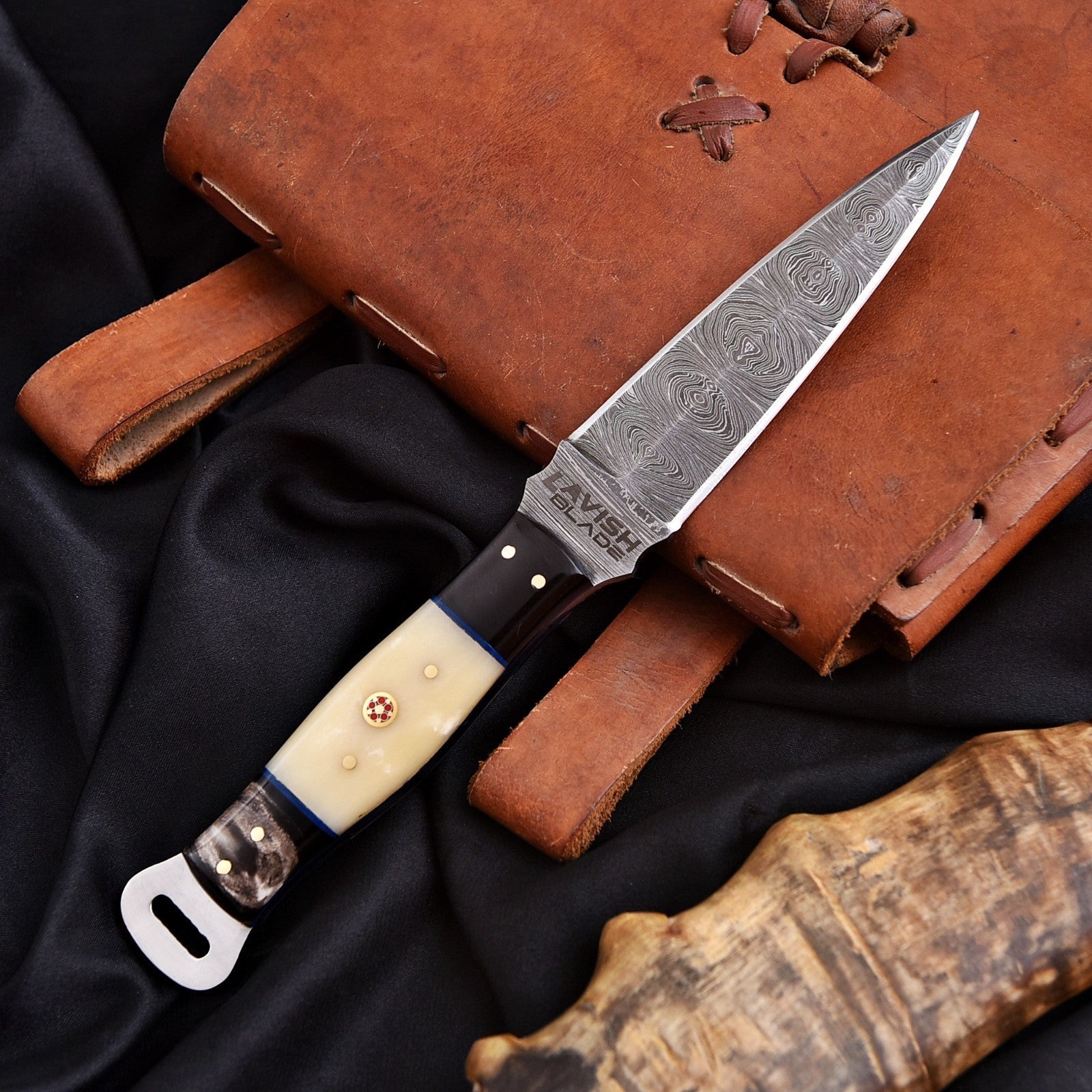 Handmade Damascus Dagger 9 Inch Bone and Resin Handle with Leather Sheath - Lavish Blade