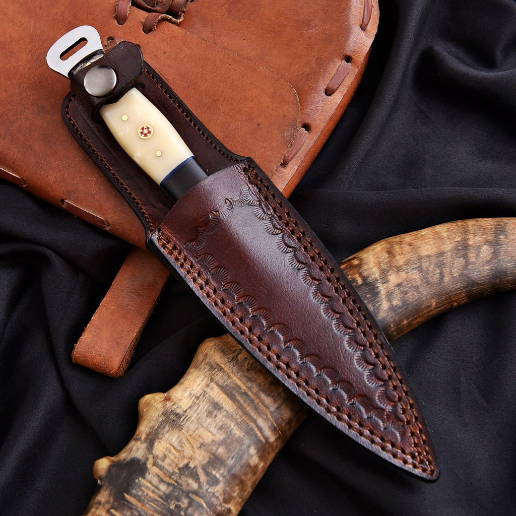 Handmade Damascus Dagger 9 Inch Bone and Resin Handle with Leather Sheath - Lavish Blade
