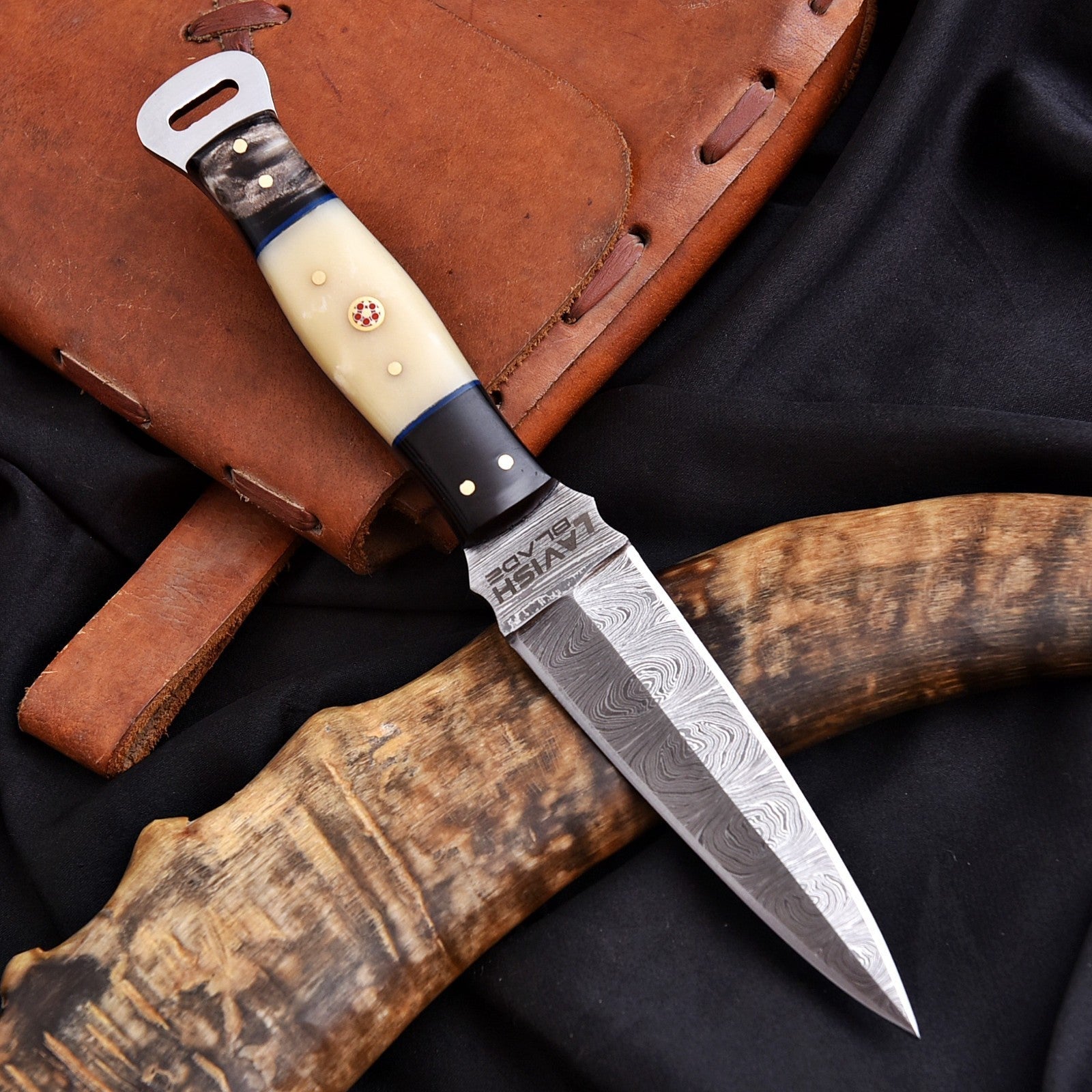 Handmade Damascus Dagger 9 Inch Bone and Resin Handle with Leather Sheath - Lavish Blade