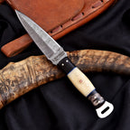 Handmade Damascus Dagger 9 Inch Bone and Resin Handle with Leather Sheath - Lavish Blade