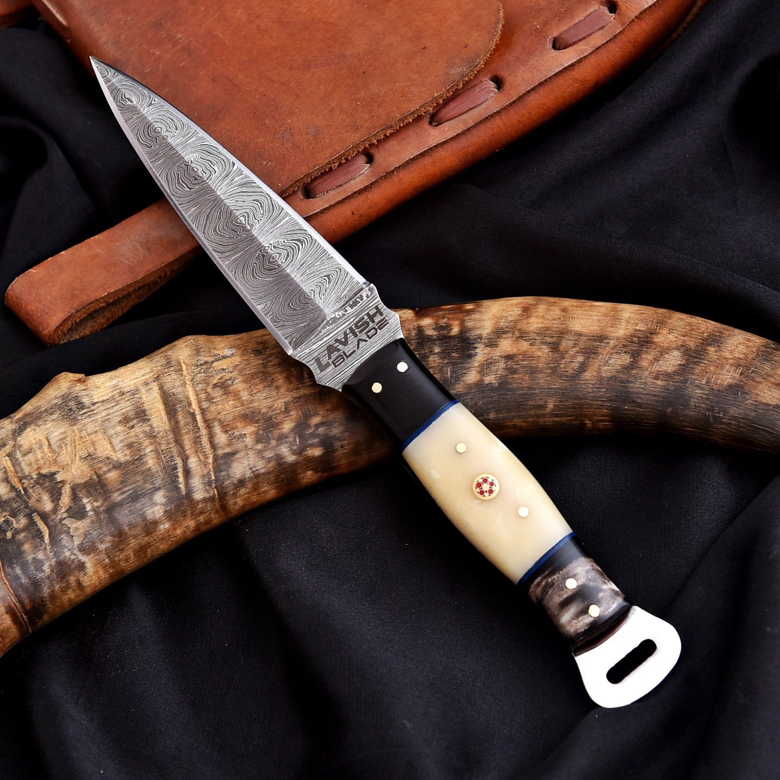 Handmade Damascus Dagger 9 Inch Bone and Resin Handle with Leather Sheath - Lavish Blade