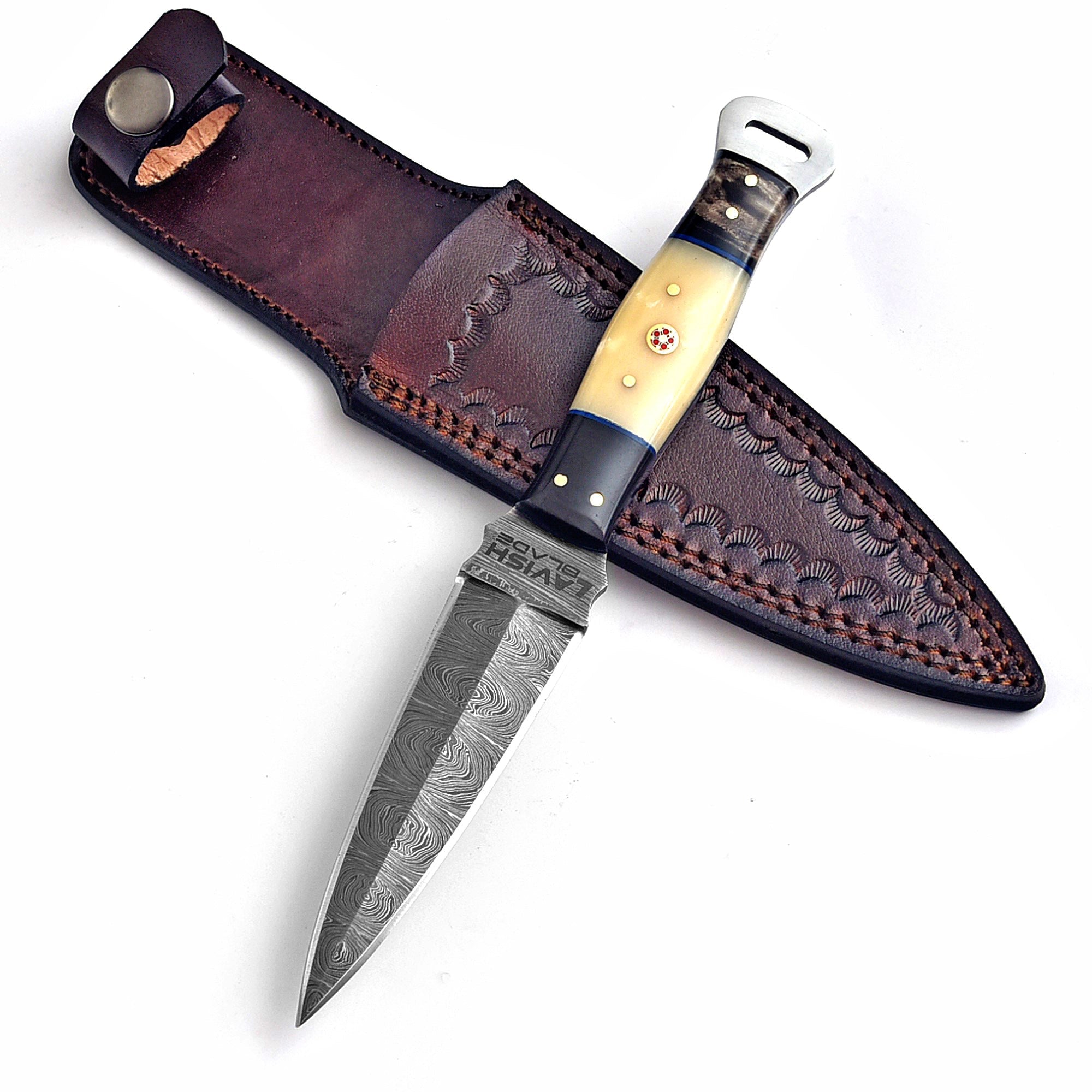 Handmade Damascus Dagger 9 Inch Bone and Resin Handle with Leather Sheath - Lavish Blade