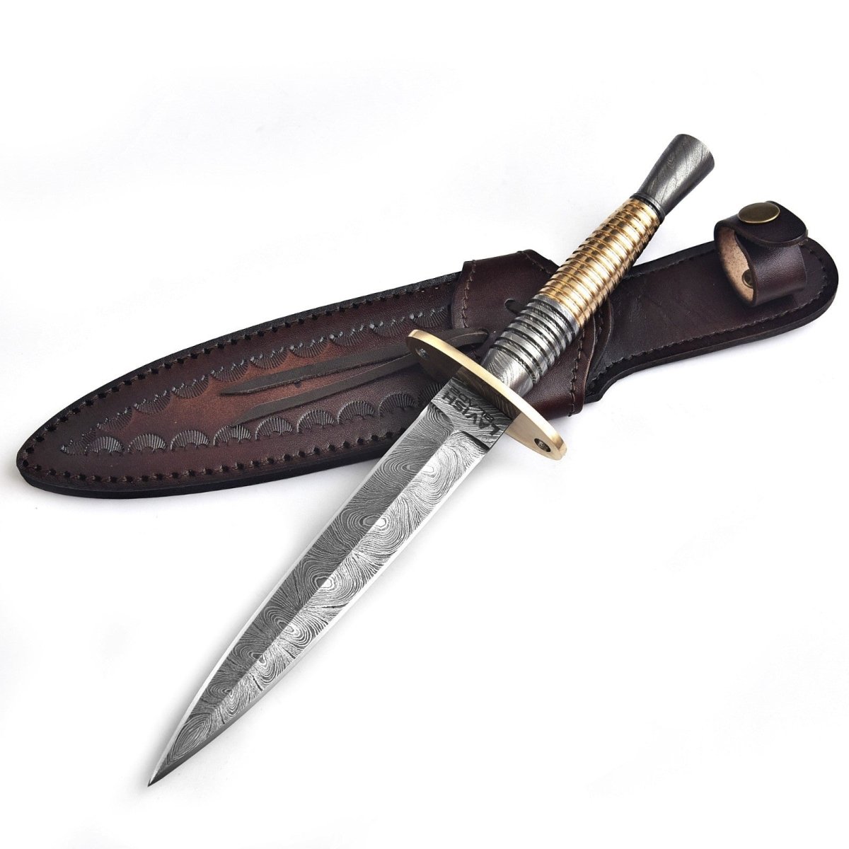 Handmade Damascus Double-Edge Dagger 12 Inch Textured Metal Grip with Sheath - Lavish Blade