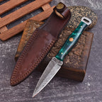 Handmade Damascus EDC Dagger 8 Inch Green Resin Handle with Leather Sheath - Lavish Blade