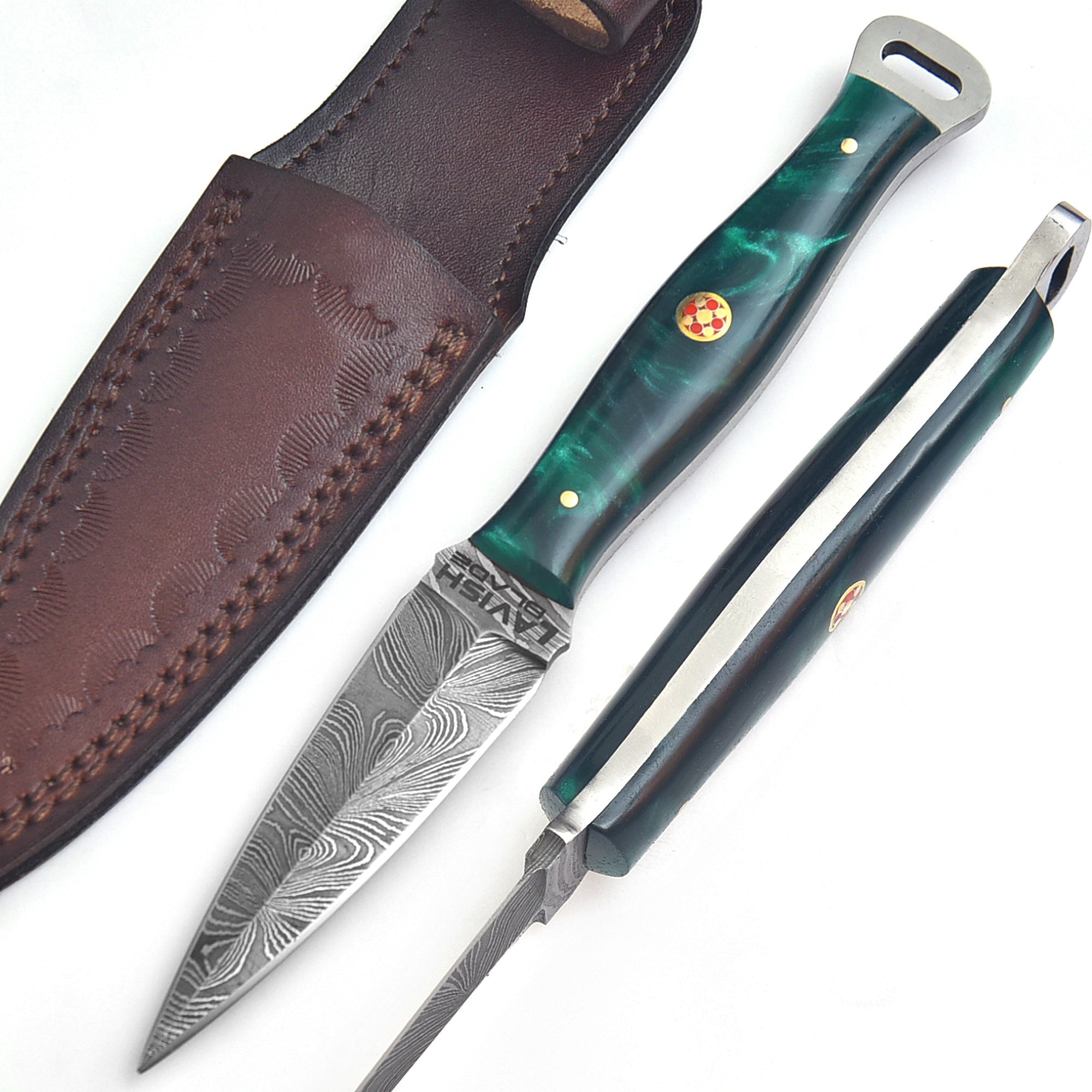 Handmade Damascus EDC Dagger 8 Inch Green Resin Handle with Leather Sheath - Lavish Blade
