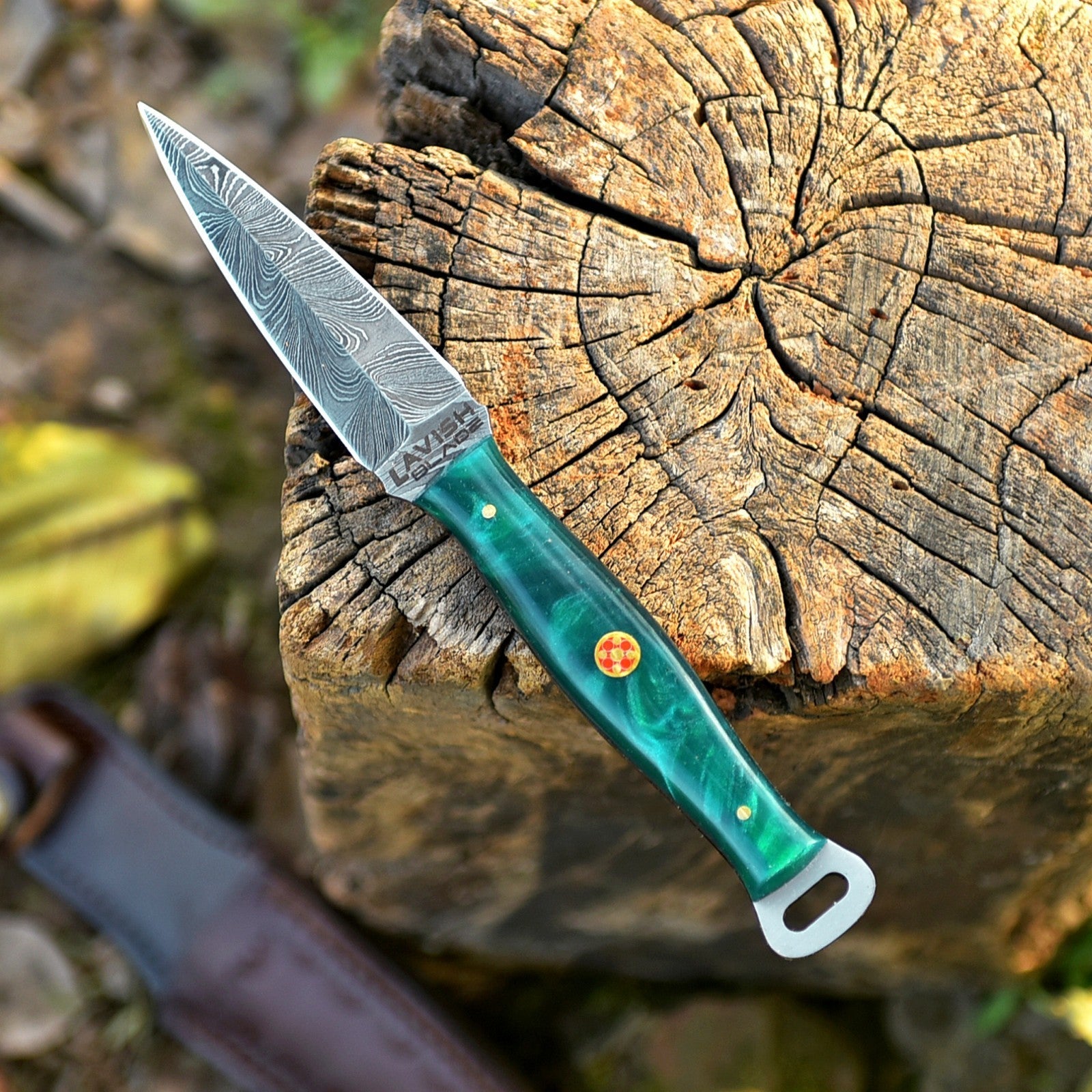 Handmade Damascus EDC Dagger 8 Inch Green Resin Handle with Leather Sheath - Lavish Blade