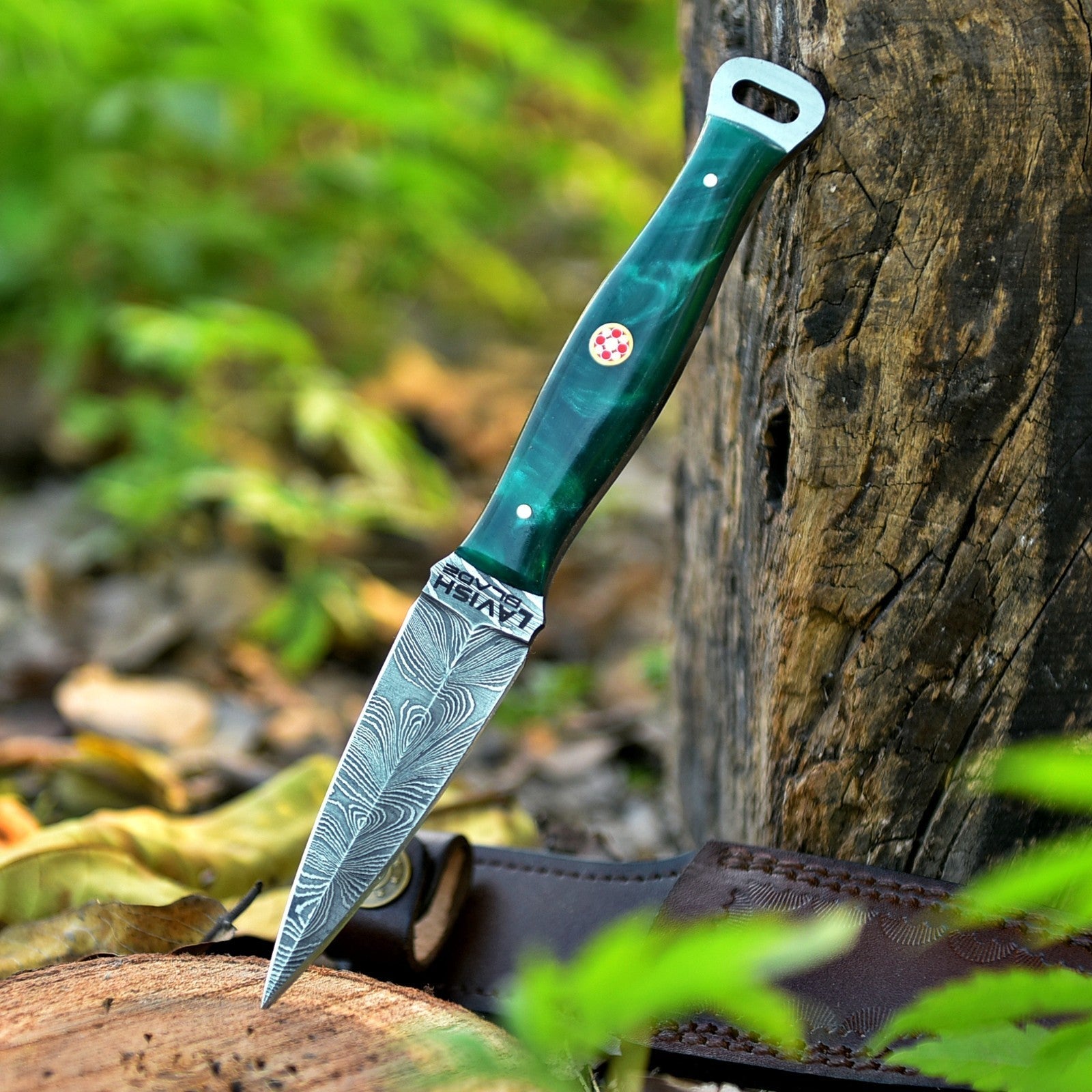 Handmade Damascus EDC Dagger 8 Inch Green Resin Handle with Leather Sheath - Lavish Blade