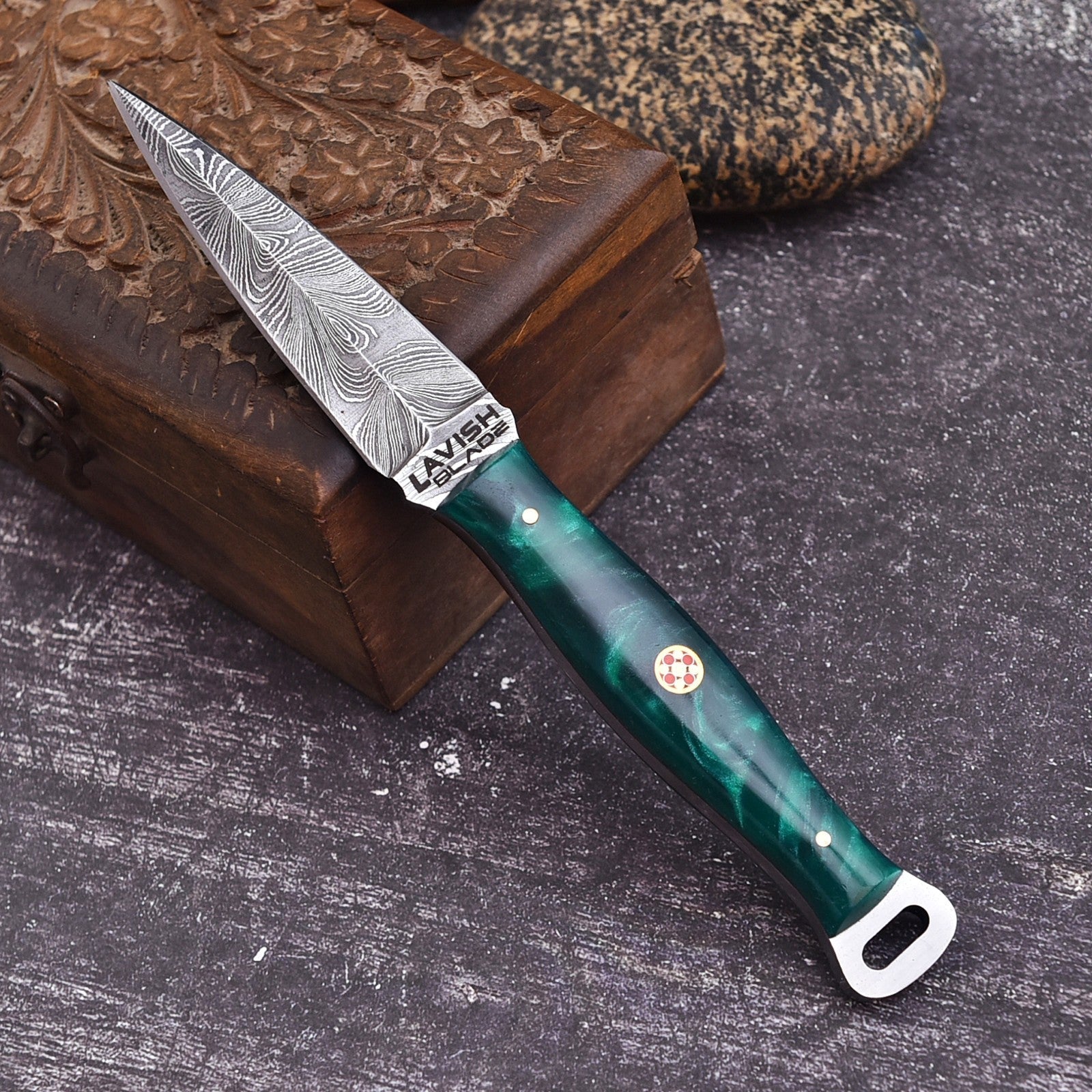 Handmade Damascus EDC Dagger 8 Inch Green Resin Handle with Leather Sheath - Lavish Blade