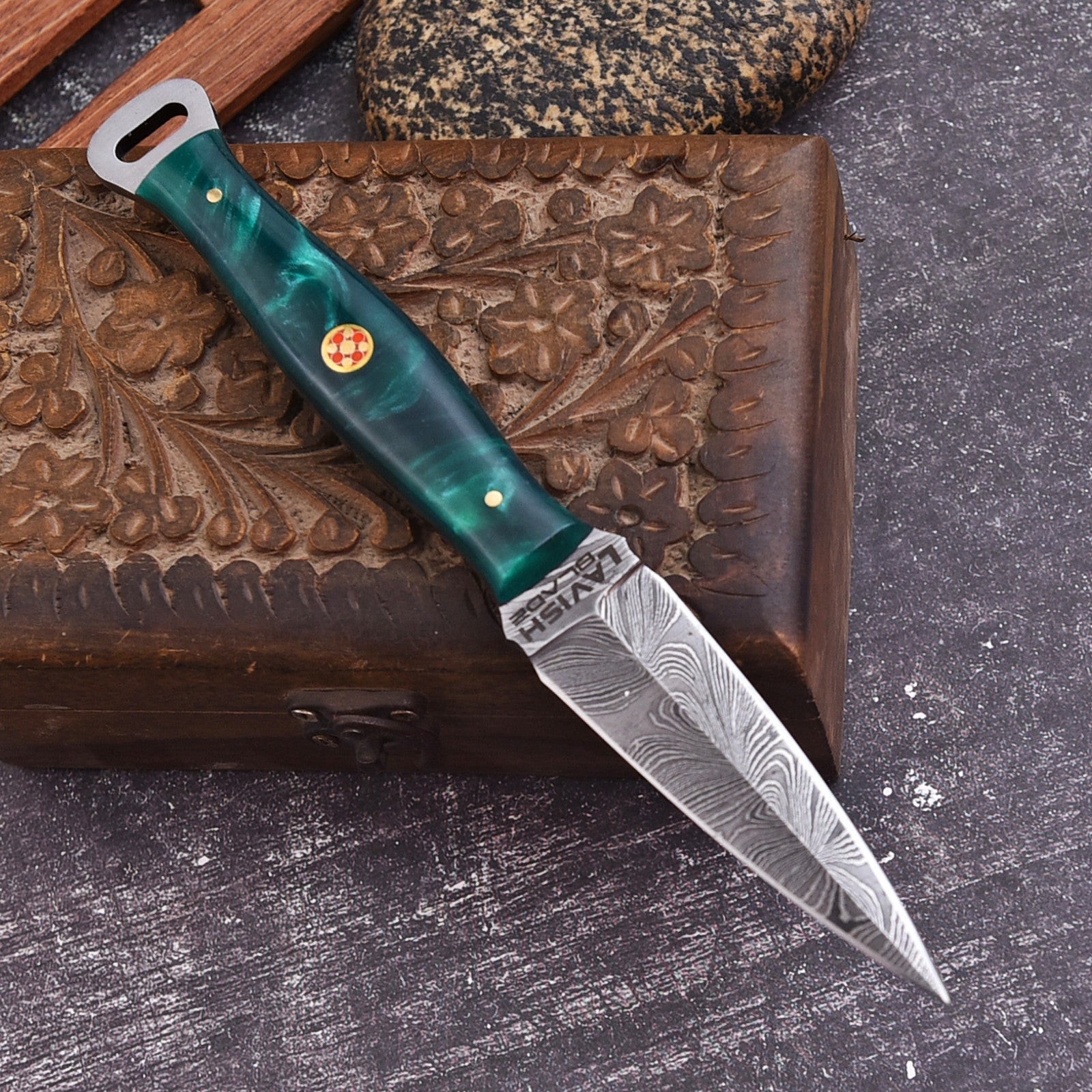 Handmade Damascus EDC Dagger 8 Inch Green Resin Handle with Leather Sheath - Lavish Blade