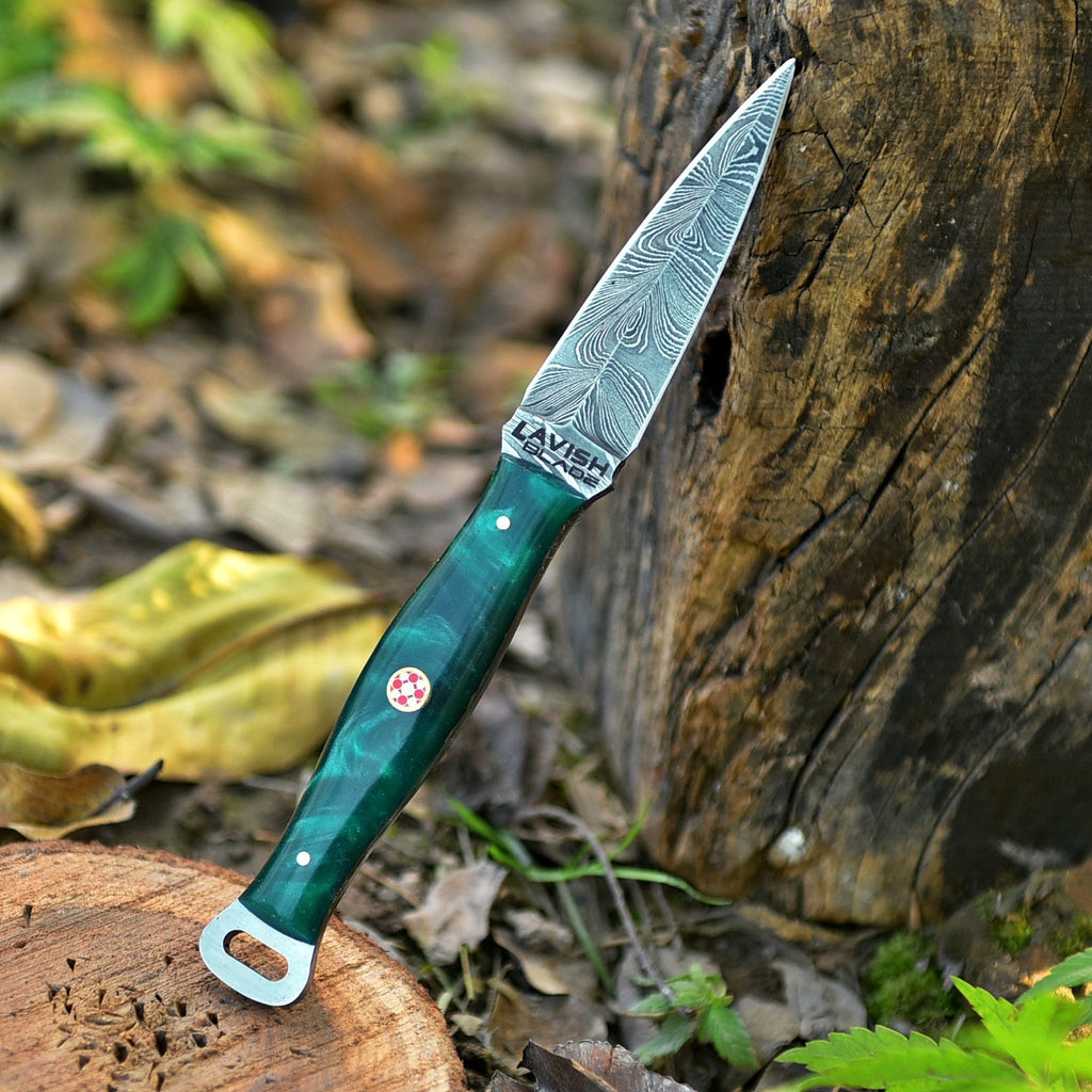 Handmade Damascus EDC Dagger 8 Inch Green Resin Handle with Leather Sheath - Lavish Blade