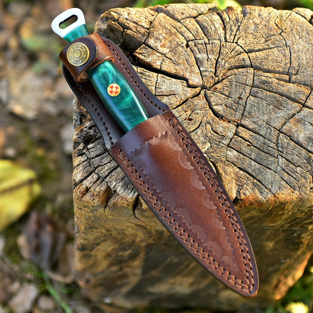 Handmade Damascus EDC Dagger 8 Inch Green Resin Handle with Leather Sheath - Lavish Blade