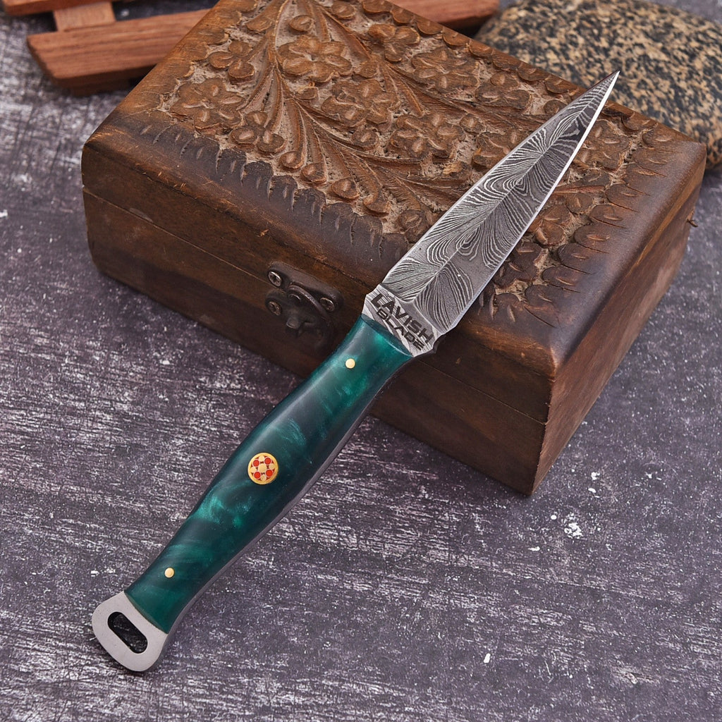 Handmade Damascus EDC Dagger 8 Inch Green Resin Handle with Leather Sheath - Lavish Blade