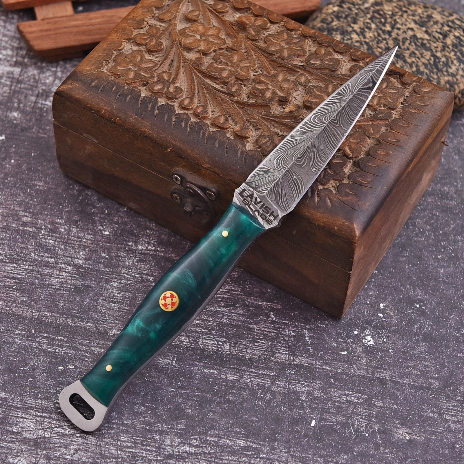 Handmade Damascus EDC Dagger 8 Inch Green Resin Handle with Leather Sheath - Lavish Blade