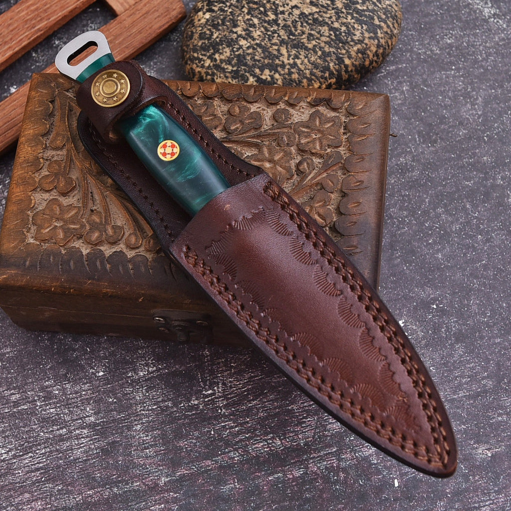 Handmade Damascus EDC Dagger 8 Inch Green Resin Handle with Leather Sheath - Lavish Blade