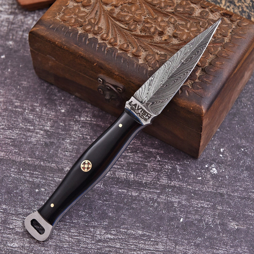 Handmade Damascus EDC Dagger 8 Inch Pearl Black Resin Handle with Sheath - Lavish Blade