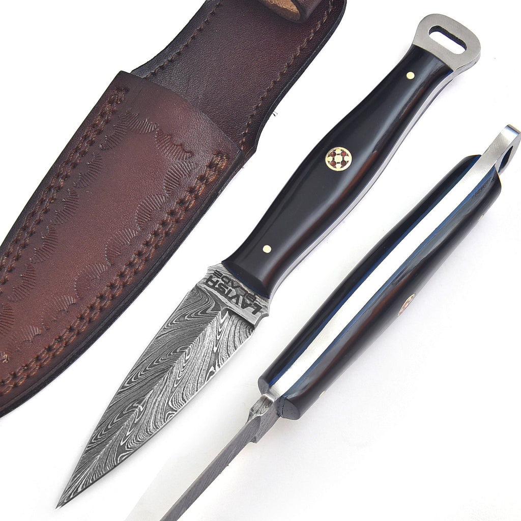 Handmade Damascus EDC Dagger 8 Inch Pearl Black Resin Handle with Sheath - Lavish Blade